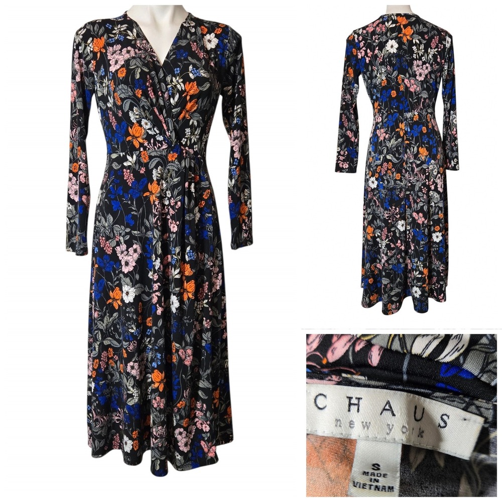 Chaus New York Floral Faux Wrap Midi Dress Black Multi Color Long Sleeve Small